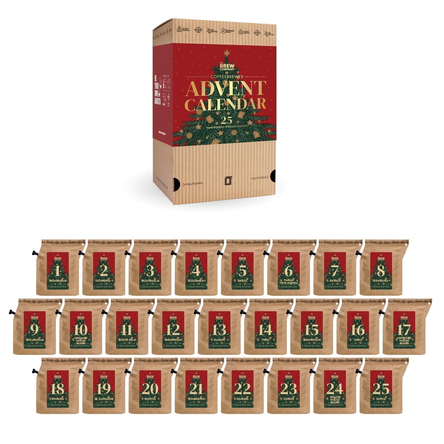 Kaffeebeutel und Süßigkeiten in der Adventskalender-Box