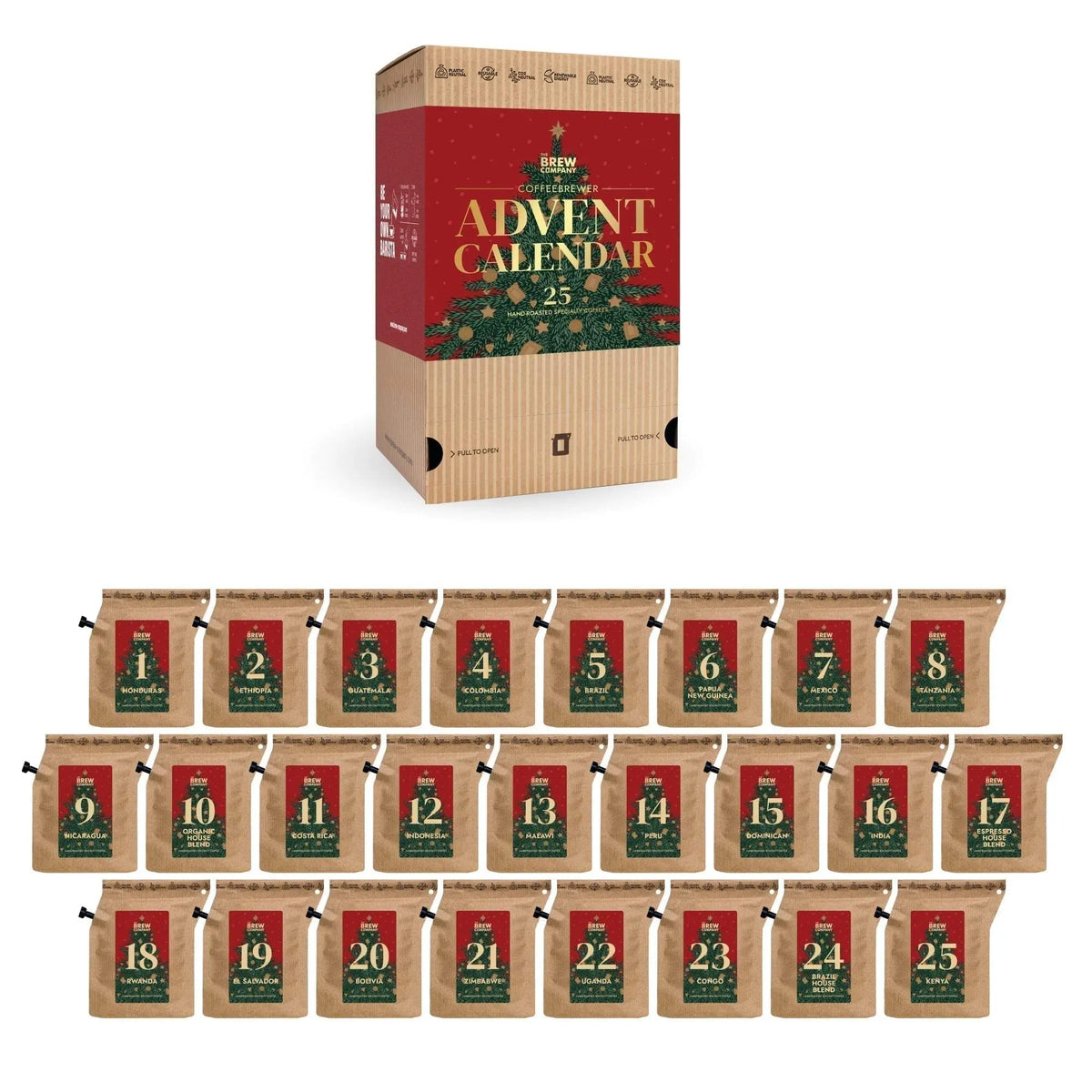 Kaffeebeutel und Süßigkeiten in der Adventskalender-Box