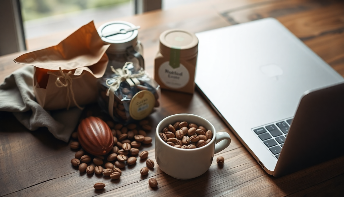 Kaffeebohnen, Verpackungen und Laptop auf Holz­tisch für Kaffee bequem online bestellen 2026