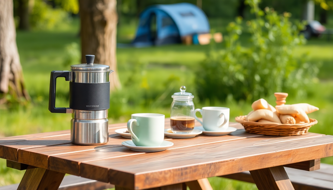 Outdoor wooden table with coffee press, cups, jar of coffee, and bread basket in a green park setting for Kaffee outdoor enjoyment.