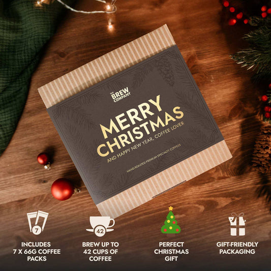Weihnachtliches Kaffee-Geschenkset mit 7 Kaffeepackungen, festliche Geschenkverpackung für Kaffeeliebhaber, bis zu 42 Tassen Genuss, perfekte Weihnachtsfreude schenken