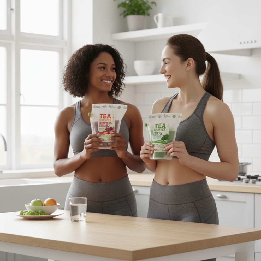 Zwei Frauen in Sportkleidung halten Beutel mit loser Bio-Tee-Kollektion von The Brew Company in moderner Küche