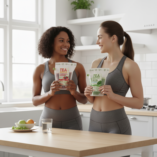 Zwei Frauen in Sportkleidung halten Beutel mit loser Bio-Tee-Kollektion von The Brew Company in moderner Küche