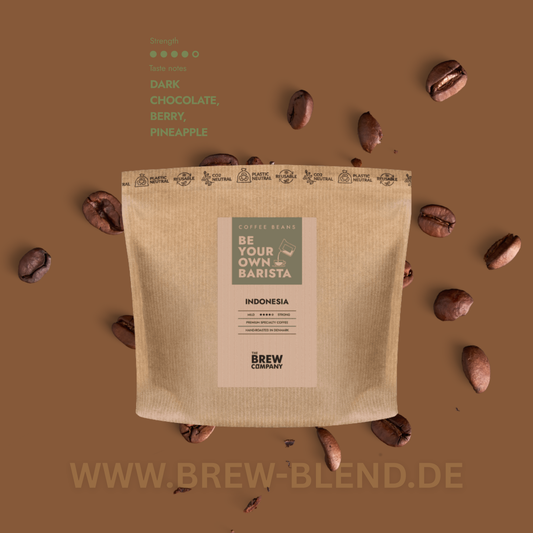 Indonesia Arabica Java Kaffeebohnen Brew Blend Kaffeebohnen in nachhaltiger Verpackung mit dunklen Schokoladen- und Beerennoten