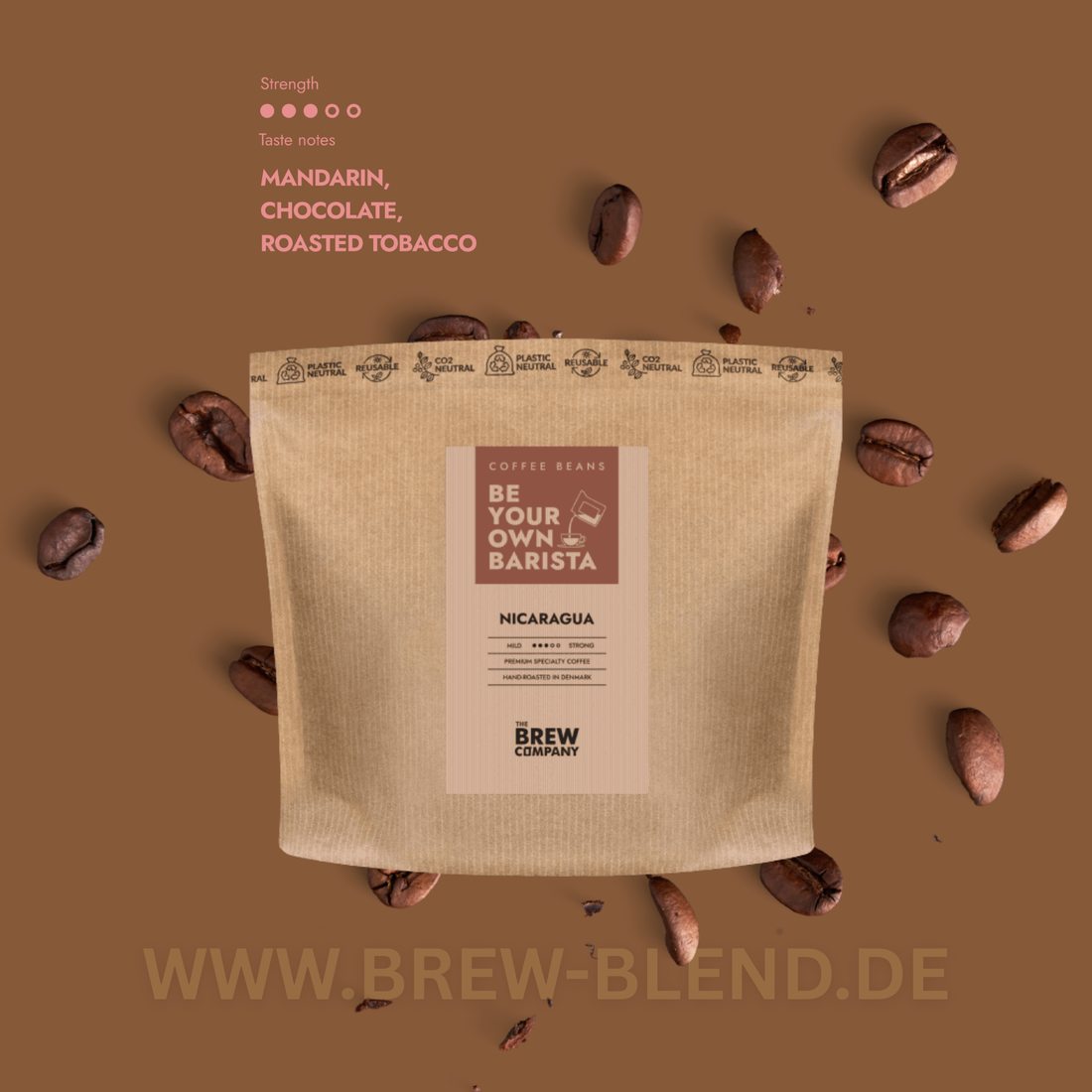 Nicaragua Arabica Kaffeebohnen Brew Blend Verpackung mit Kaffeebohnen und Geschmacksnoten Mandarin, Schokolade, gerösteter Tabak