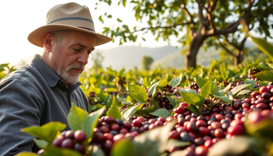 Mann erntet reife Kaffeekirschen auf nachhaltiger Plantage für schonenden Kaffeegenuss 2026