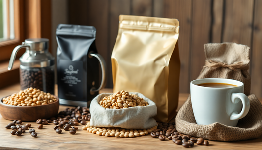 Kaffeebohnen und Tasse mit Kaffee vor Verpackungen auf Holztisch für Kaffee Adventkalender 2026