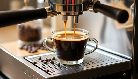 Espresso coffee being brewed from professional espresso machine into a glass cup on drip tray with coffee beans nearby, representing innovative premium coffee enjoyment and Kaffeegenuss Revolution.