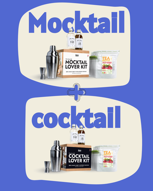Brew Blend Cocktail and Mocktail Lover Kit – Non-Alcoholic, featuring mixers, shaker, and ingredients for drinks.